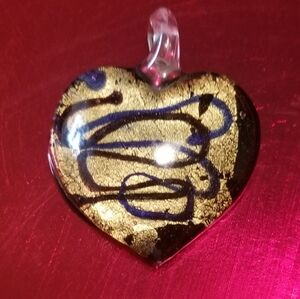 Murano Glass Heart Pendant Featuring 24K Gold Foil & Swirling Dark Blue Accents